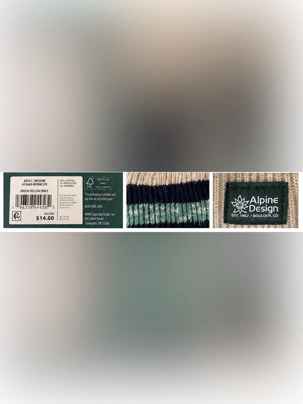 Alpine Design Rag Knit Crew Socks 2 Pair Pack Green, Navy, Yellow Size Medium (M
